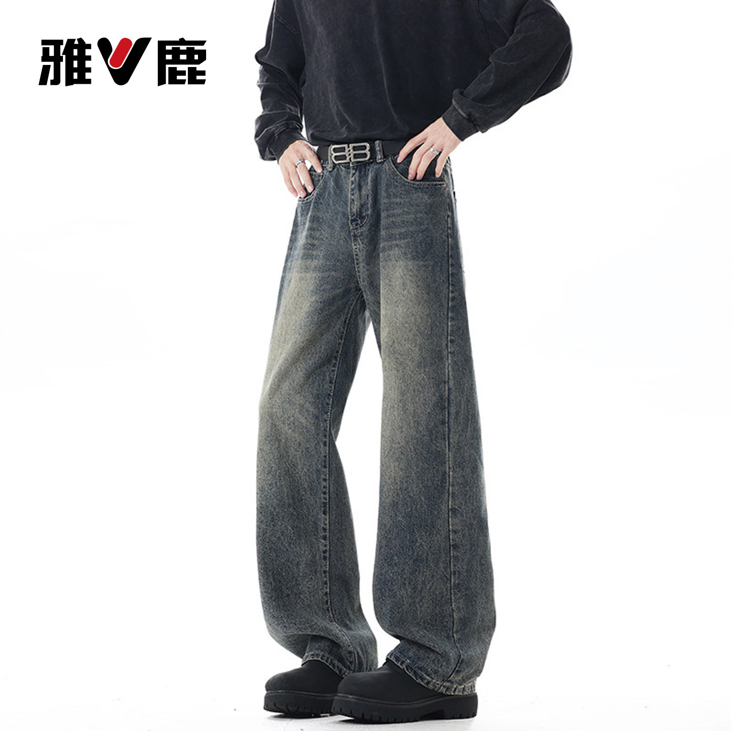 雅鹿微喇牛仔裤男款秋季2026新款复古蓝直筒美式高街喇叭弯刀男裤