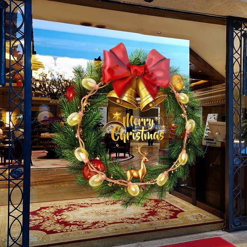 圣诞节装饰场景布置窗贴新款花环窗花节日店铺橱窗静电玻璃门贴纸