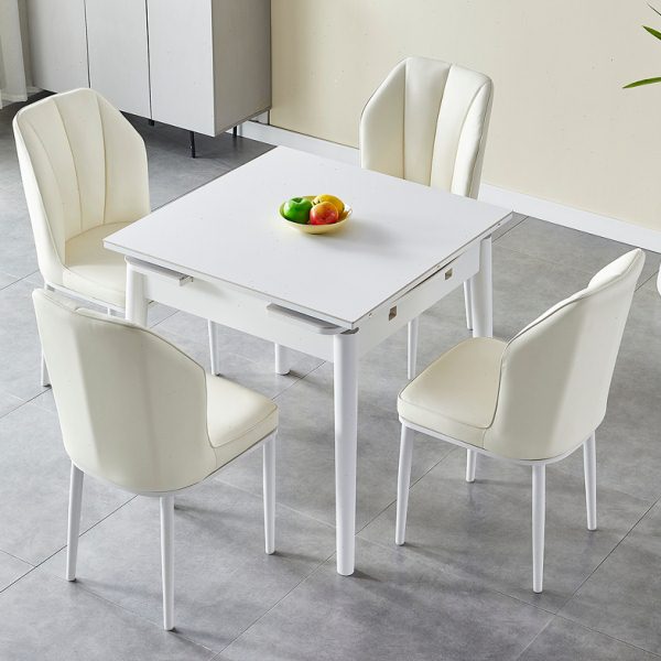 白色奶油风纯白岩板餐桌椅组合简约小户型家用折叠实木餐桌子
