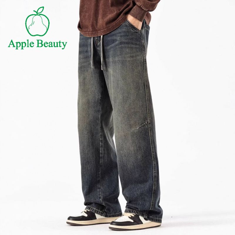 秋季美式复古水洗工装抽绳牛仔裤