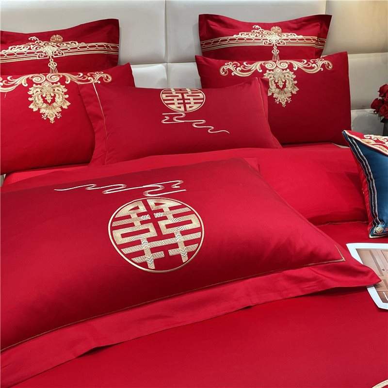 罗兰新中式婚庆四件套红色棉结婚床上六件套婚嫁喜被棉斜纹