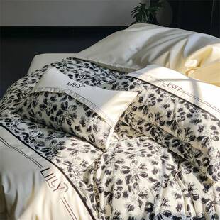 法式浪漫墨画风墨色花卉全棉四件套小资低调轻奢复古拼刺绣套件