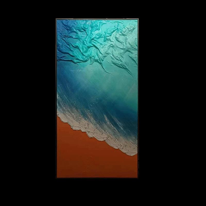 简约纯手绘轻奢挂画入户玄关竖版海景过道油画客厅走廊尽头装饰画