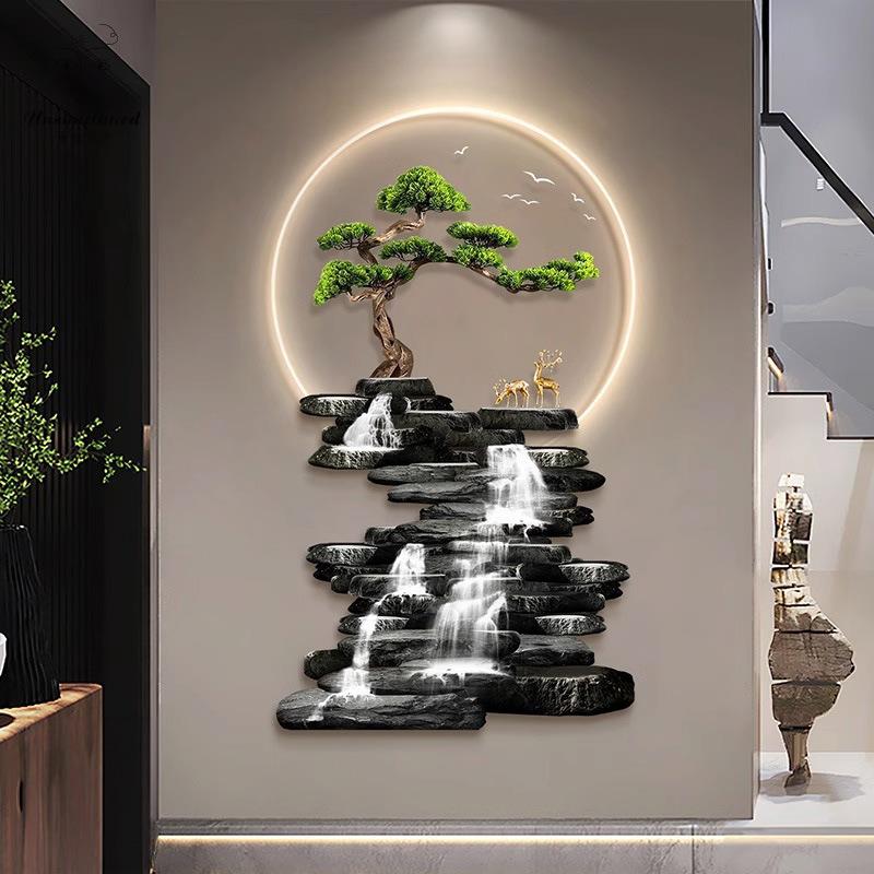 新中式入户玄关装饰画大气好寓意山水led灯壁画迎客松餐厅走廊挂