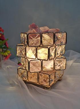 轻奢四层水晶魔方台灯扩香天然原石粉色淡紫色卧室床头装饰水晶灯