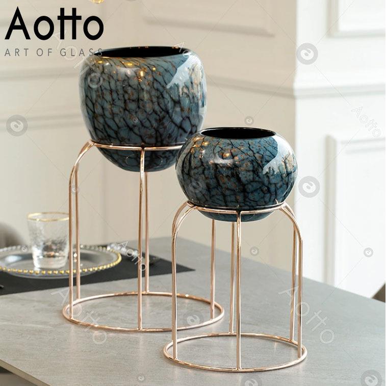 创意水培花瓶裂纹复古圆形花瓶绿植桌面装饰铁艺花架摆件家用