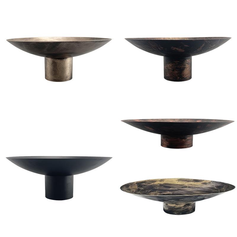 现代新中式描金仿铜金属圆形托盘样板房售楼处花器软装摆件装饰品