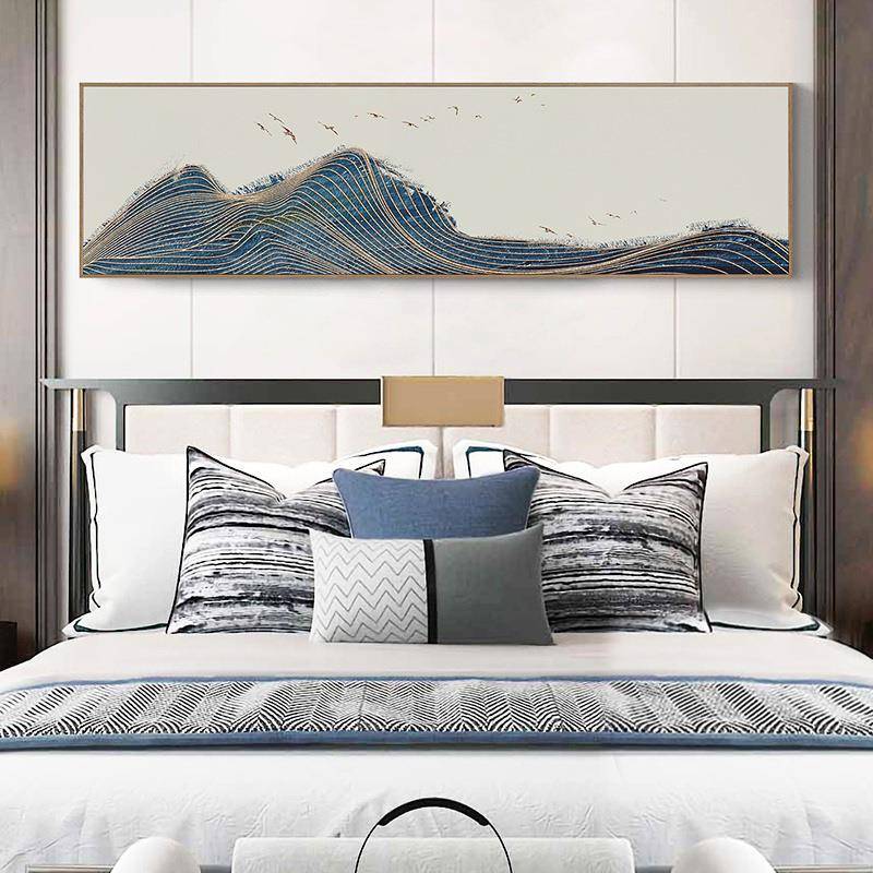 现代轻奢新中式客厅装饰画主卧室床头墙挂画横幅抽象金色线条蓝色
