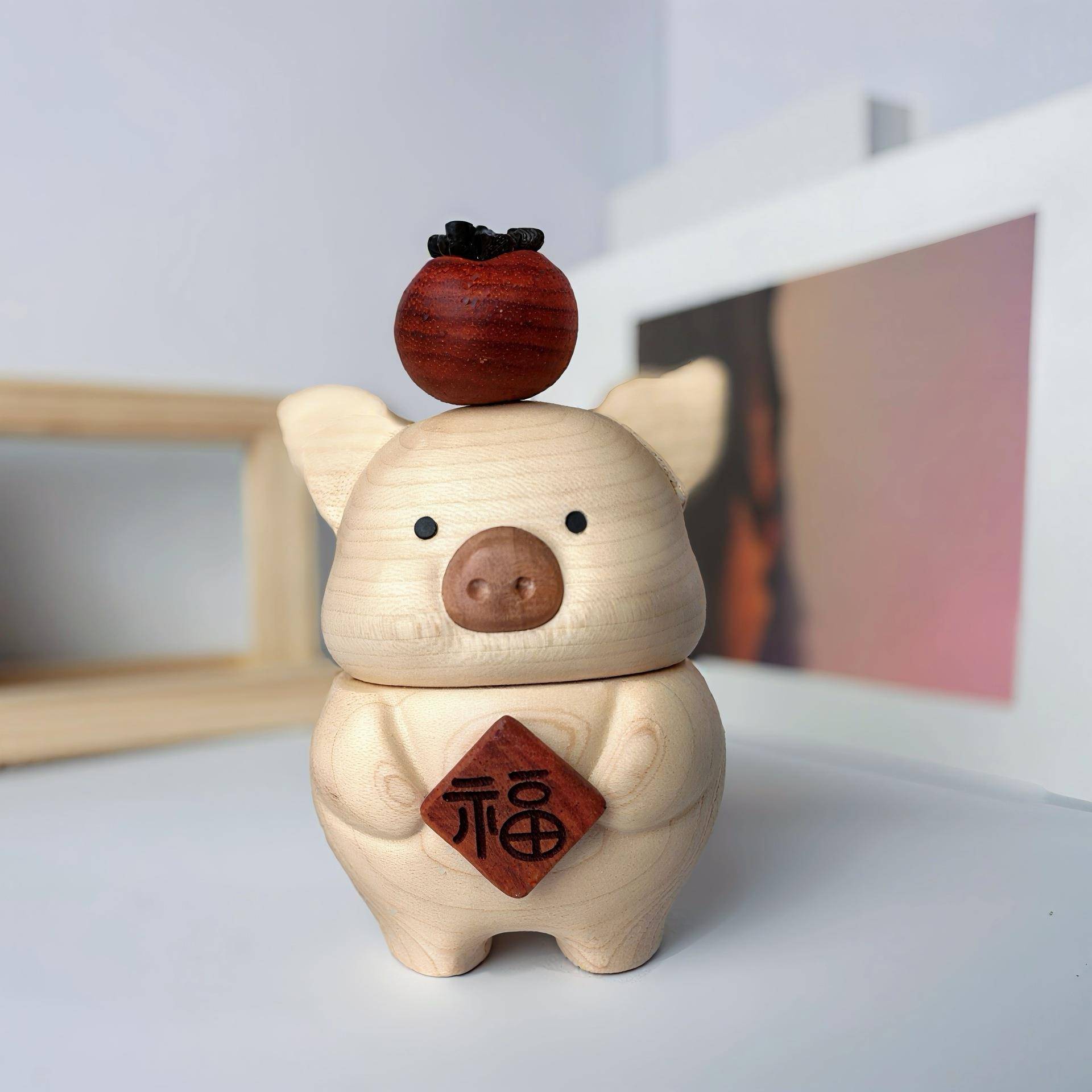 猪柿顺意牙签盒可爱木制摆件高颜值胡桃木质精致可爱卡通家用餐厅