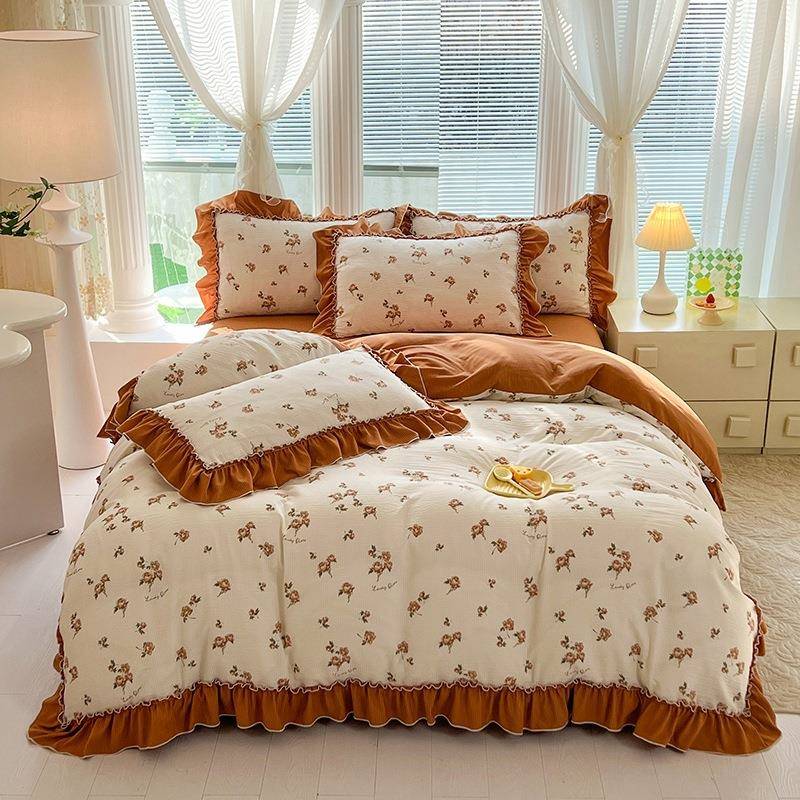 泡泡纱花边四件套AB版学生宿舍三件套小清新印花可裸睡家用床品