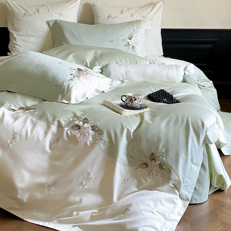 小清新双股澳棉四件套全棉四季通用铃兰刺绣纯棉被套南通床上用品