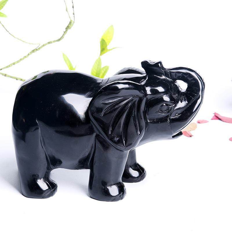 天然黑曜石雕刻大象摆件黑曜石原石雕刻成居家办公室公司摆设