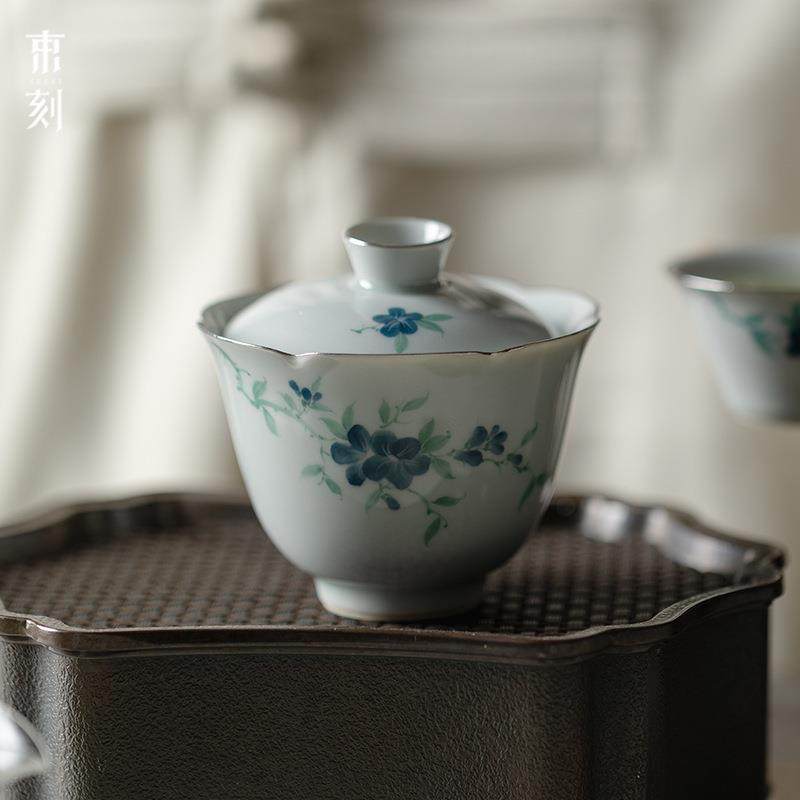 束刻釉下彩手绘盖碗茶杯单个陶瓷茶碗简约手绘白瓷盖碗薄胎复古