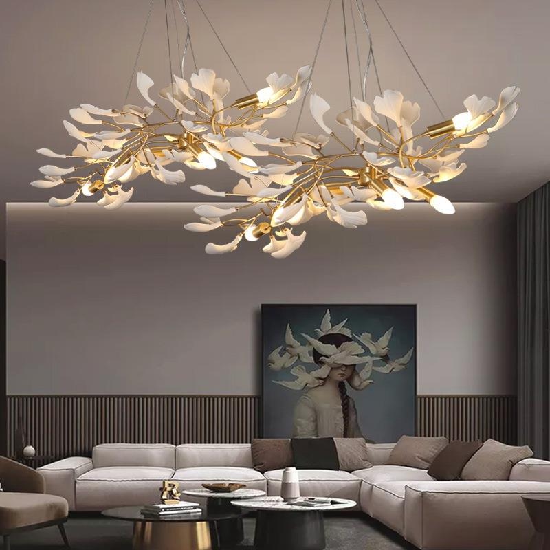 后现代轻奢餐厅吊灯设计师艺术全铜陶瓷银杏叶客厅灯卧室个性灯具
