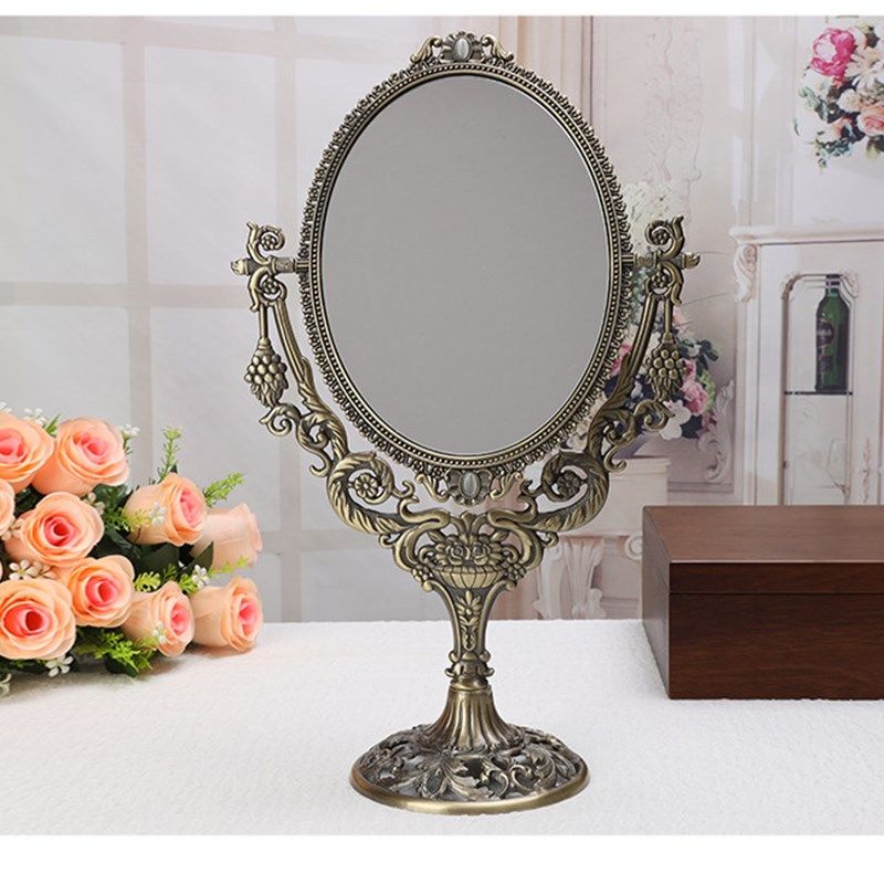 欧式宫廷复古铜镜简约田园金属台式双面化妆镜大号梳妆镜网红镜子