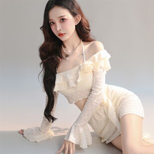 花房姑娘泳衣女高级感分体裙式 性感比基尼泡温泉度假一字肩游泳装