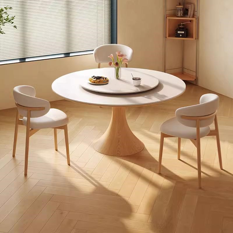 原木奶油风白蜡木实o木岩板餐桌客厅家用小户型省空间圆桌吃饭桌