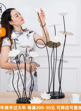 新中式禅意莲花摆件大理石底座高档摆设玄关电视柜茶W室书房装饰