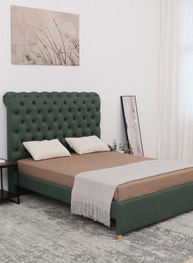 高端拉双人主卧墨民宿法式复古轻奢榉木排骨架款绿色布艺床软包床