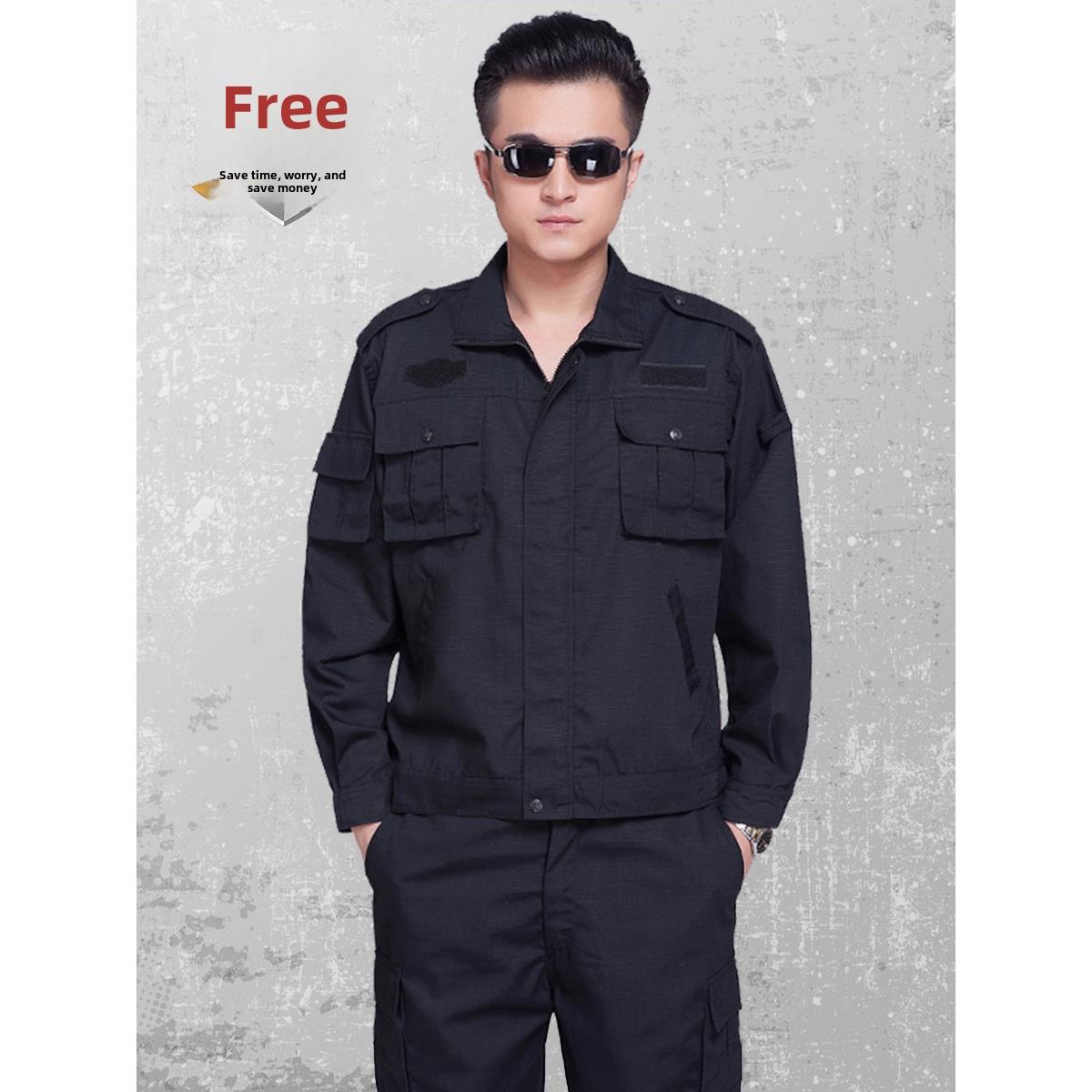藏蓝网格作训服套装春秋长袖训练服防撕裂保安服上衣外套工作服