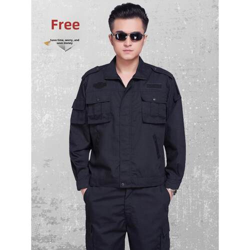 藏蓝网格作训服套装春秋长袖训练服防撕裂保安服上衣外套工作服