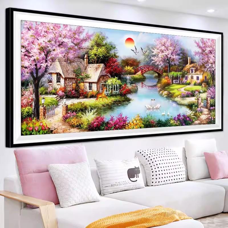 纯手工十字绣成品花园小屋梦幻家园欧式客厅挂画绣好的带框已装裱