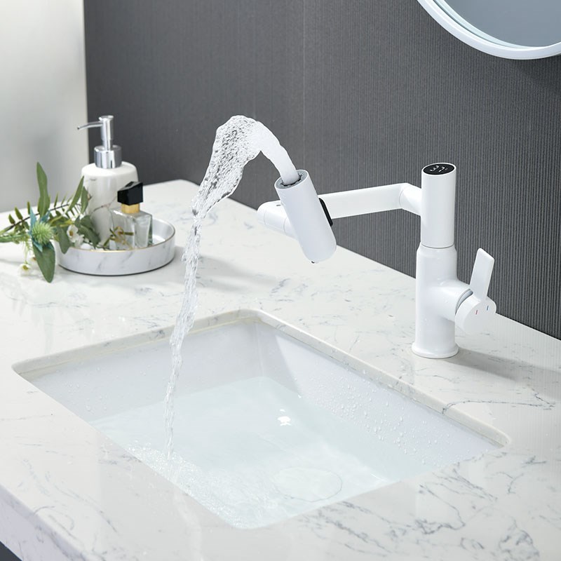 新枪灰数显机械臂万向抽拉旋转招财猫全铜冷热三档出水面盆水龙头