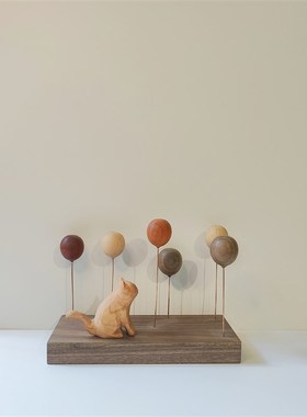 软萌治愈系 实木气球 s朦胧猫木制手作氛围玄关车载装饰 桌面摆件