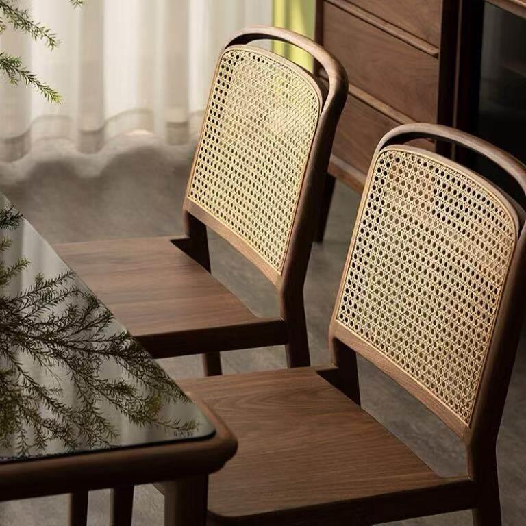 时序餐椅*2张 致家家居|黑胡桃藤编餐桌靠背椅子家用复古实木餐椅