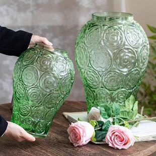 法式浮雕玻璃花瓶客厅插花高级感家居摆饰水培装饰中古花瓶绛紫色