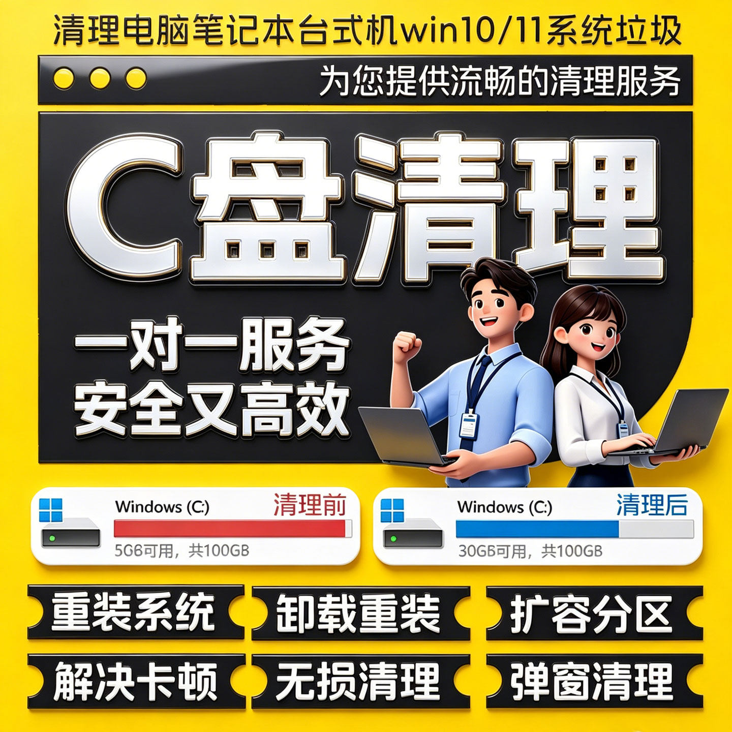 电脑远程C盘清理D盘内存卡顿卸载流氓软件广告弹窗磁盘扩容分区 - 实物图