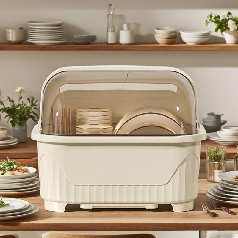 碗筷餐具收纳盒厨房带沥水架防尘家用大号放碗碟柜塑料箱置物架子