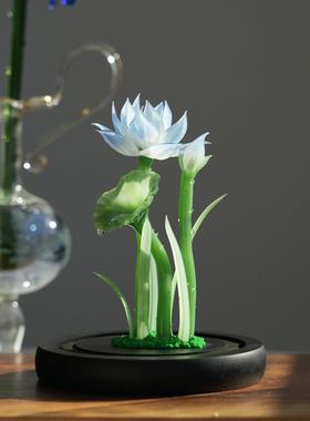 淄博琉璃手工艺品荷花桌面摆件治愈玻璃罩永生花好运莲莲装饰礼物