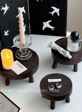 ins覆古小板凳高脚托盘迷你实木圆形花盆增高架首饰展示收纳摆件