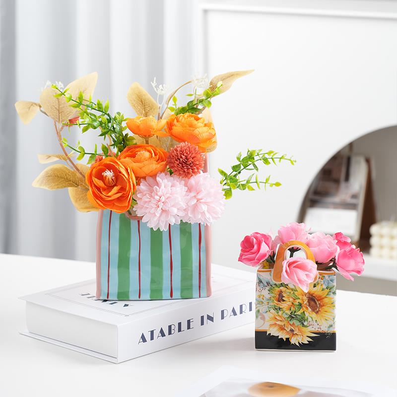 釉下彩陶瓷花篮客厅餐厅摆件收纳手提袋收纳袋陶瓷摆件小物品收纳