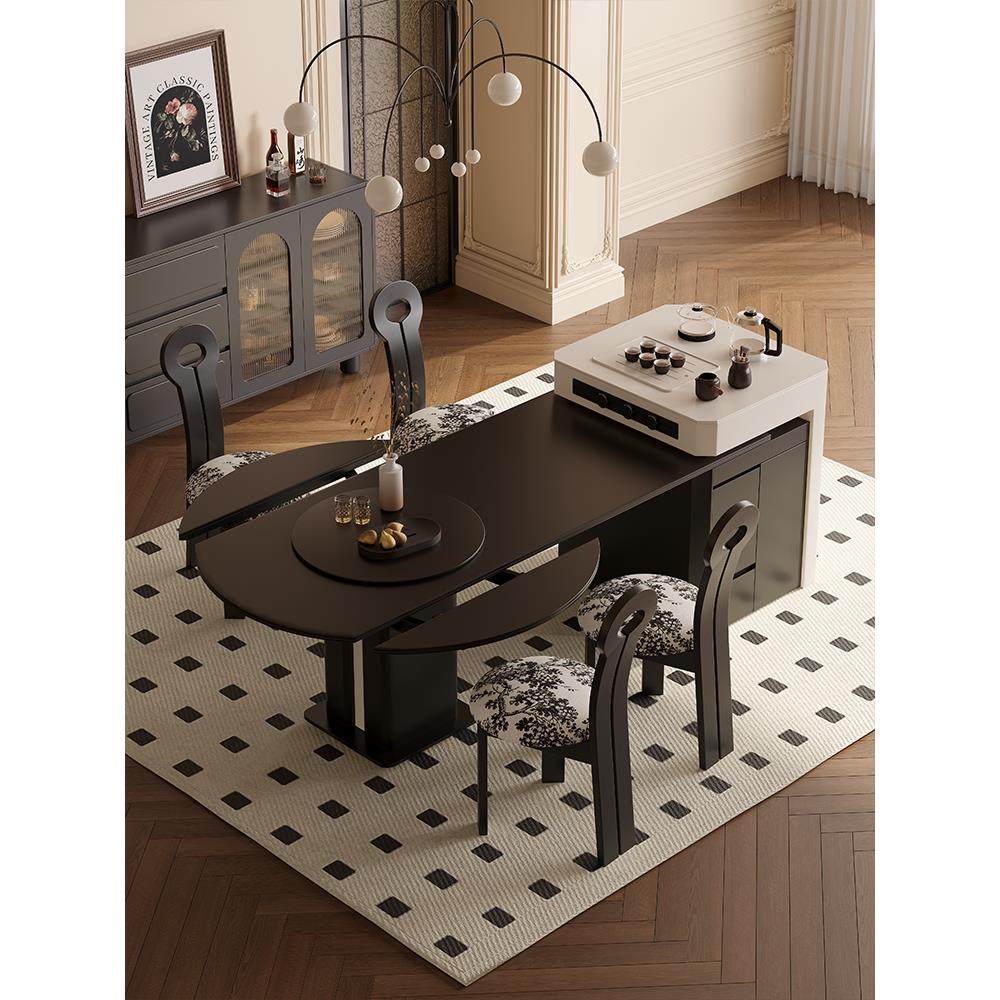 岛台餐桌一体家用多功能方圆两用可伸缩实木岩板法式复古风中导台