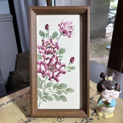 手绘国画牡丹花，摆台，装饰画，含框14.7×27.4，富贵吉祥永平安