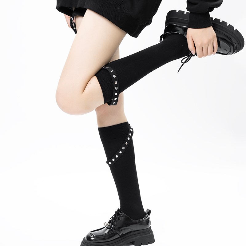 jk小腿款女辣妹飒酷女孩黑色及膝潮流纯棉个性暗黑系工装高筒袜子