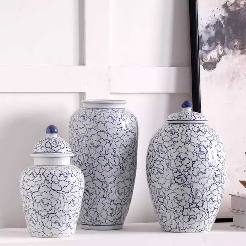 新中式青花瓷陶瓷罐摆件r样板房客厅玄关博古架装饰花瓶软装工艺