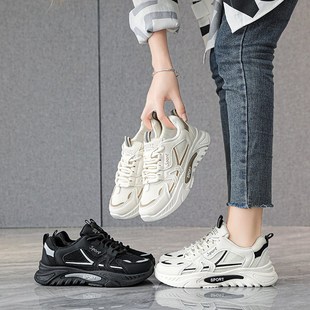 女2024新款 防滑黑色工作鞋 时尚 春季 女 厚底老爹鞋 久站不累脚运动鞋