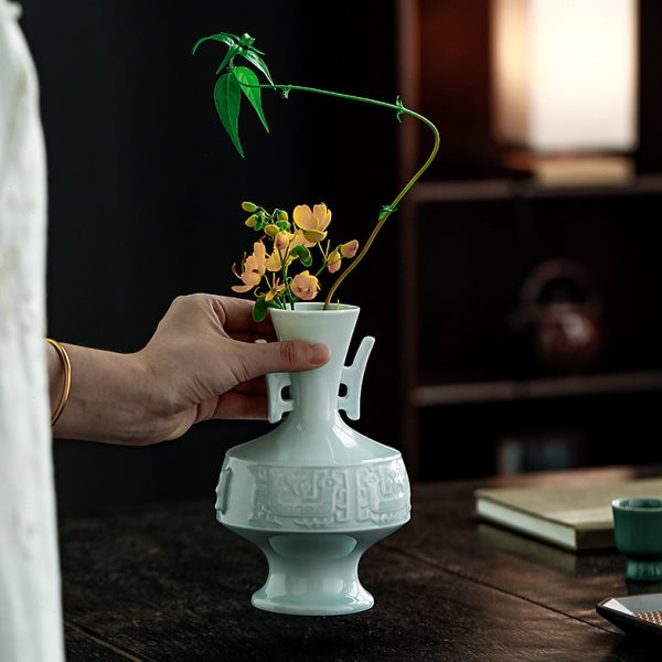 仿古青铜凤鸟纹陶瓷花瓶花插摆件客厅插花轻奢瓷器新中式定制logo