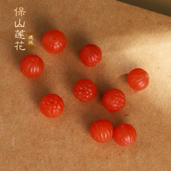 保山南红莲花珠配饰配珠单颗 满色满肉柿子红精工雕刻珠 散珠隔珠