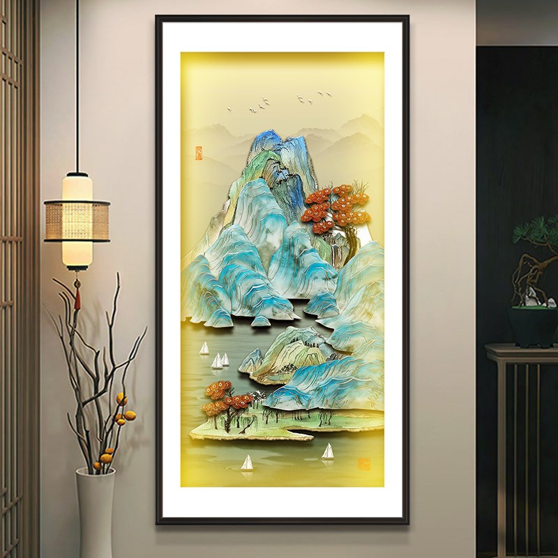 新中式入户玄关装饰画走廊过道立体带灯壁画简约大气玉雕挂画图片
