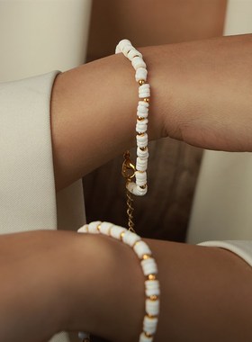 新款复古轻奢欧美风时尚钛钢镀金贝壳钢珠手链简约个性设计饰品女
