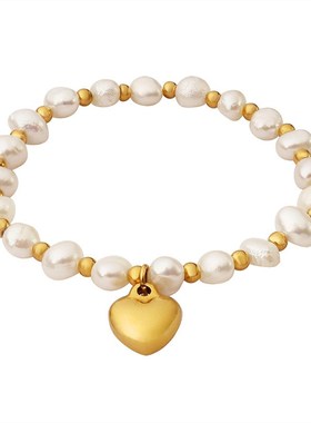 法式个性气质淡水珍珠拼接钢珠手链女时尚创意设计桃心吊坠手串
