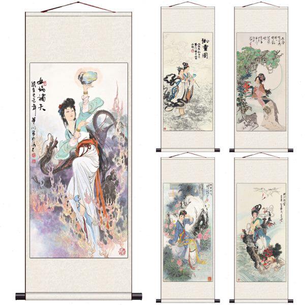仕女图丝绸画绢画 客厅装饰画人物挂画布艺装饰玄关挂画飞天女
