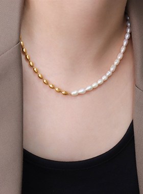法式复古ins简约小众设计感钛钢18K金淡水珍珠拼接钢珠项链饰品