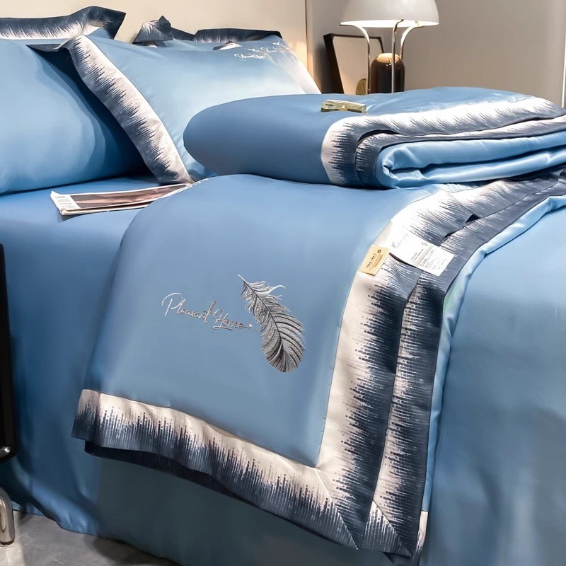 轻奢刺绣空调被四件套冰丝床笠水洗真丝夏凉被夏被薄款被子可机洗