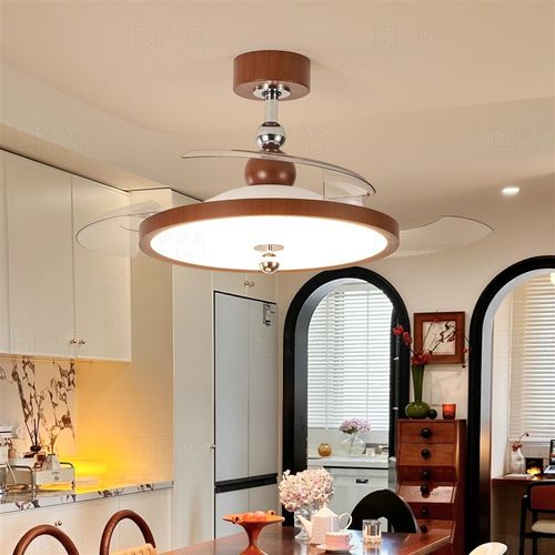 餐厅吊扇灯法式中古奶油风隐w形吸顶风扇灯胡桃木色卧室书房电扇