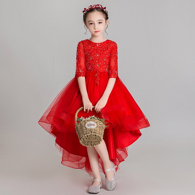 女童晚礼服公主裙蓬蓬纱小花童婚纱红色拜年服女孩钢琴演出服春夏
